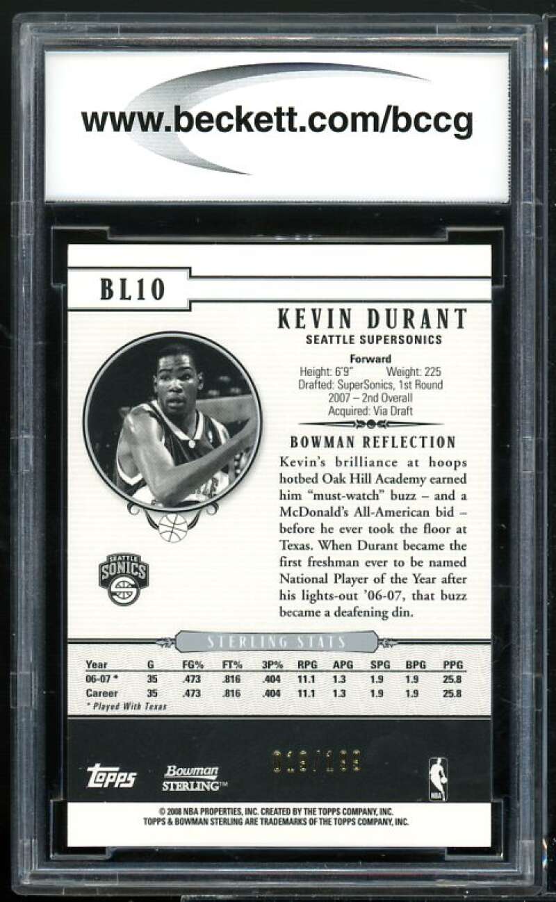 2007-08 Bowman Sterling Box Loaders #BL10 Kevin Durant Rookie BGS BCCG 10 Mint+ Image 2