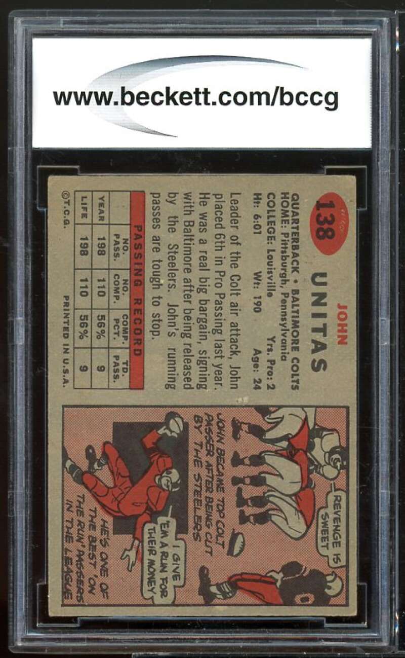 1957 Topps #138 John Unitas Rookie Card BGS BCCG 8 Excellent+ Image 2