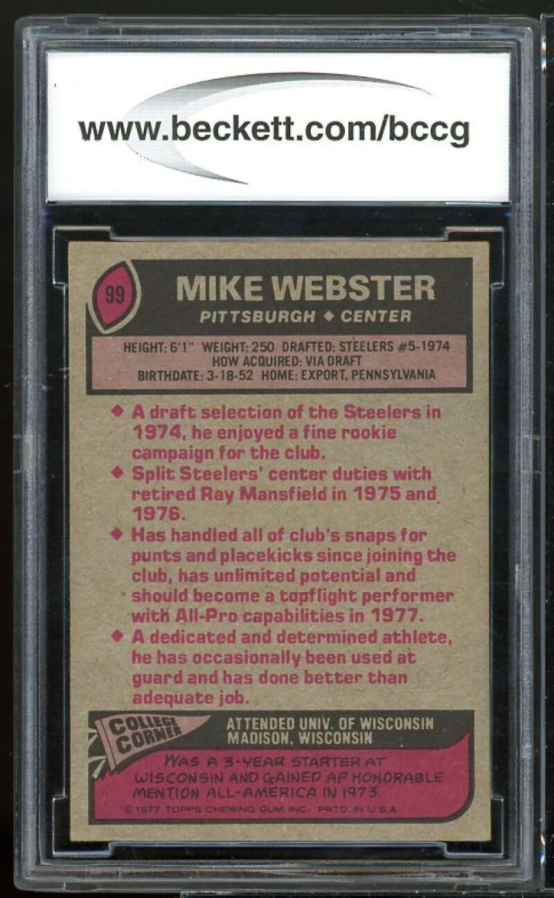 1977 Topps #99 Mike Webster Rookie Card BGS BCCG 8 Excellent+ Image 2