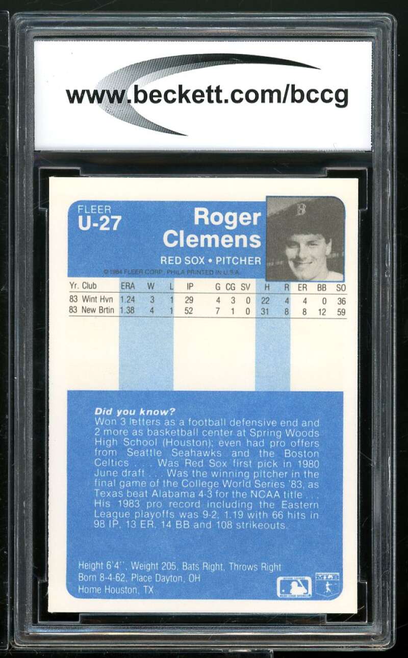 1984 Fleer Update #U-27 Roger Clemens Rookie Card Card BGS BCCG 10 Mint+ Image 2