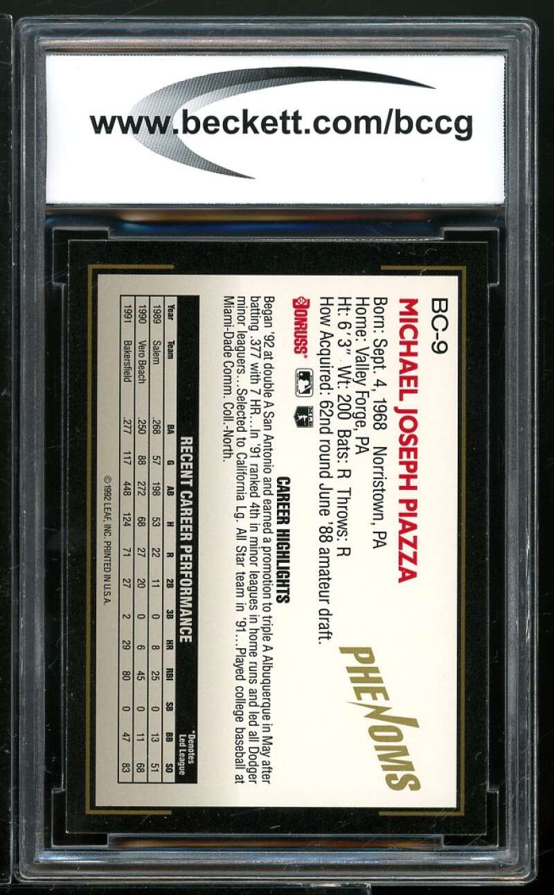 1992 Donruss The Rookies Phenoms #BC-9 Mike Piazza Rookie Card BGS BCCG 10 Mint+ Image 2