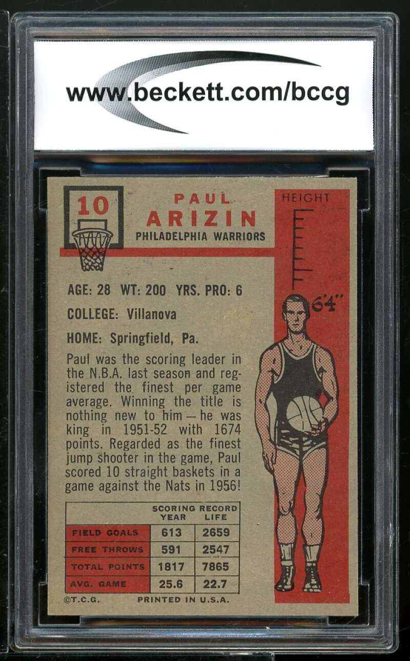 1957-58 Topps #10 Paul Arizin Rookie Card BGS BCCG 8 Excellent+ Image 2