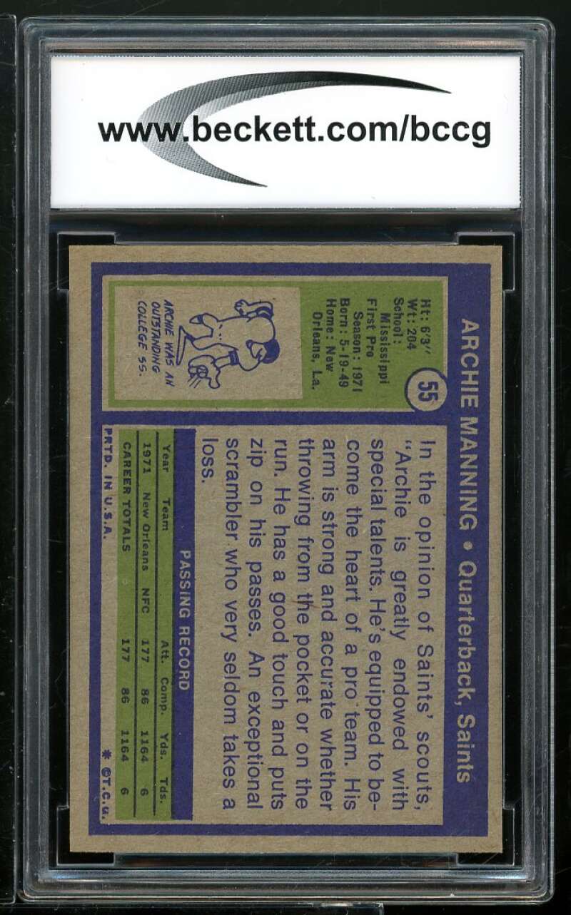 1972 Topps #55 Archie Manning Rookie Card BGS BCCG 9 Near Mint+ Image 2