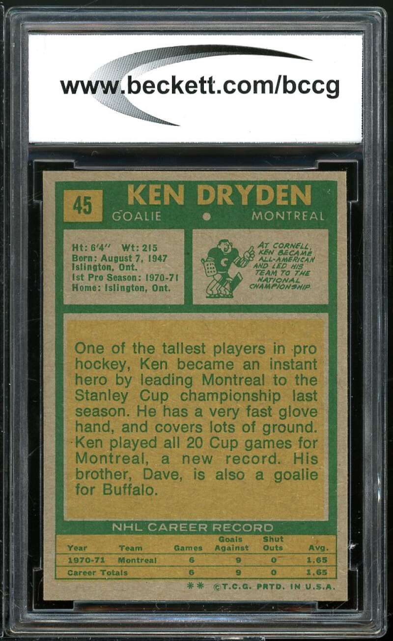 1971-72 Topps #45 Ken Dryden Card BGS BCCG 9 Near Mint+ Image 2