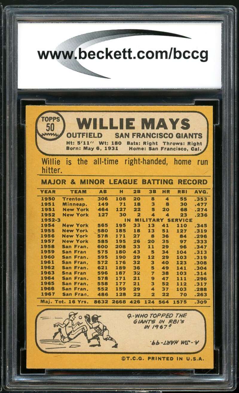 1968 Topps #50 Willie Mays Card BGS BCCG 9 Near Mint+ Image 2