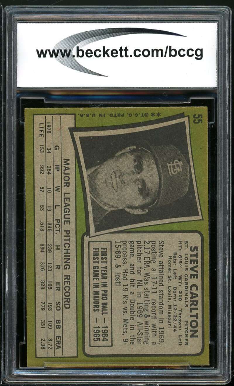 1971 Topps #55 Steve Carlton Card BGS BCCG 9 Near Mint+ Image 2