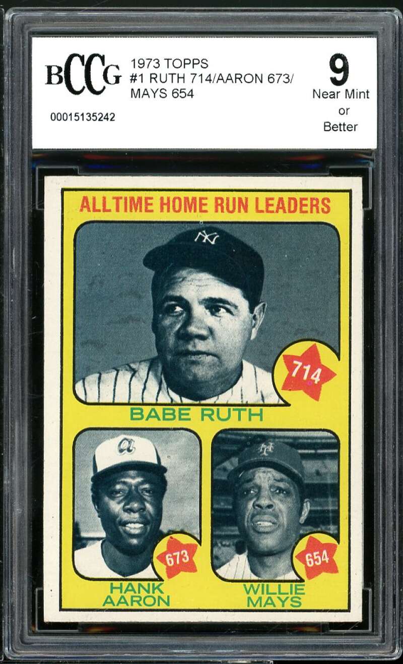 1973 Topps #1 Babe Ruth / Hank Aaron / Williie Mays Card BGS BCCG 9 Near Mint+ Image 1