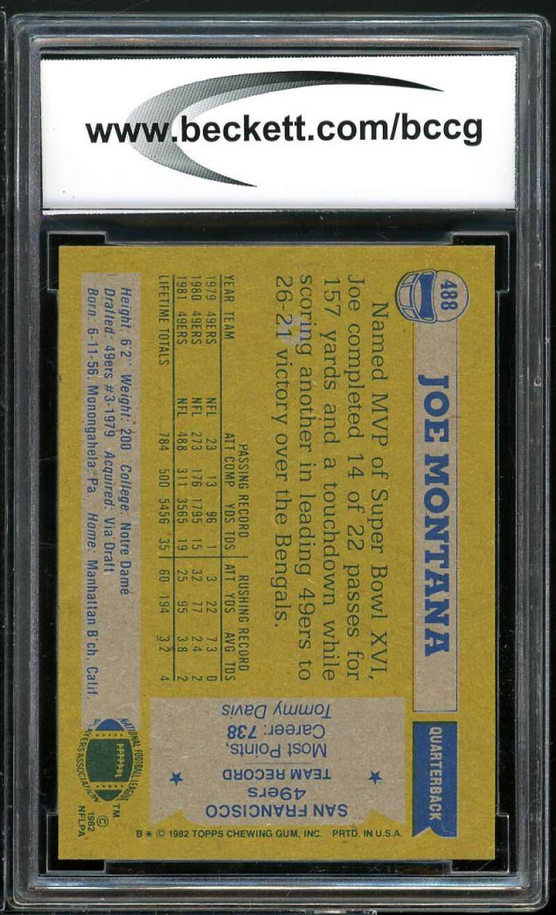 1982 Topps #488 Joe Montana Card BGS BCCG 10 Mint+ Image 2