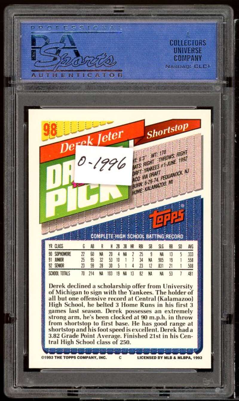 Derek Jeter Rookie Card 1993 Topps #98 PSA 9 Image 2