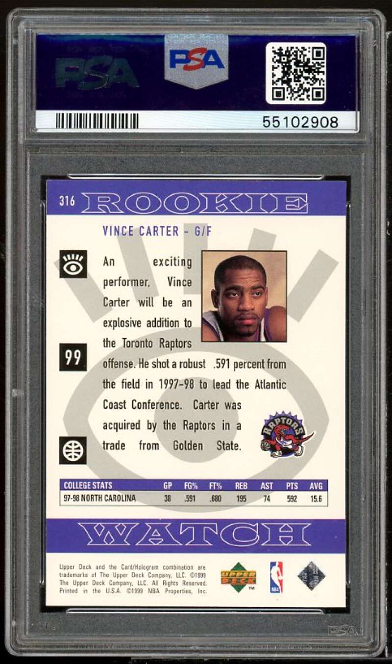 Vince Carter Rookie Card 1998-99 Upper Deck #316 PSA 9 Image 2
