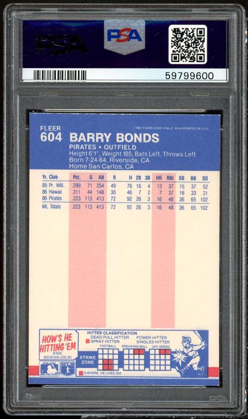 Barry Bonds Rookie Card 1987 Fleer #604 PSA 7 Image 2