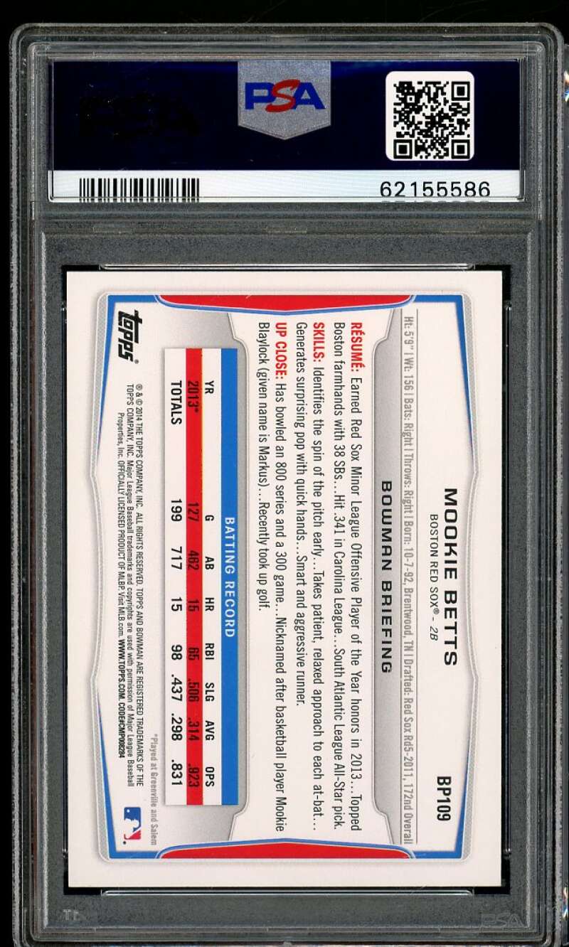 Mookie Betts Rookie Card 2014 Bowman Prospects Purple #109 PSA 9 Image 2