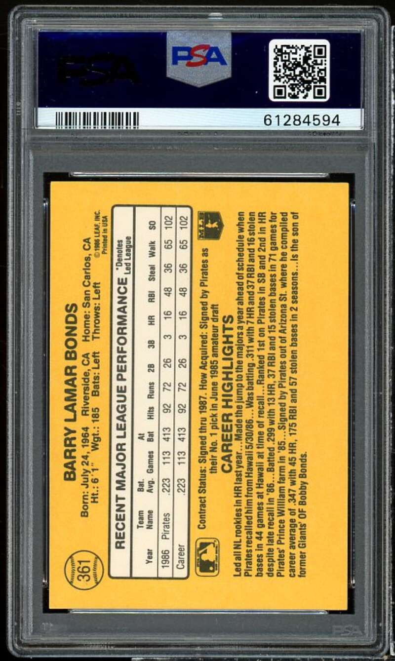 Barry Bonds Rookie Card 1987 Donruss #361 PSA 8 Image 2