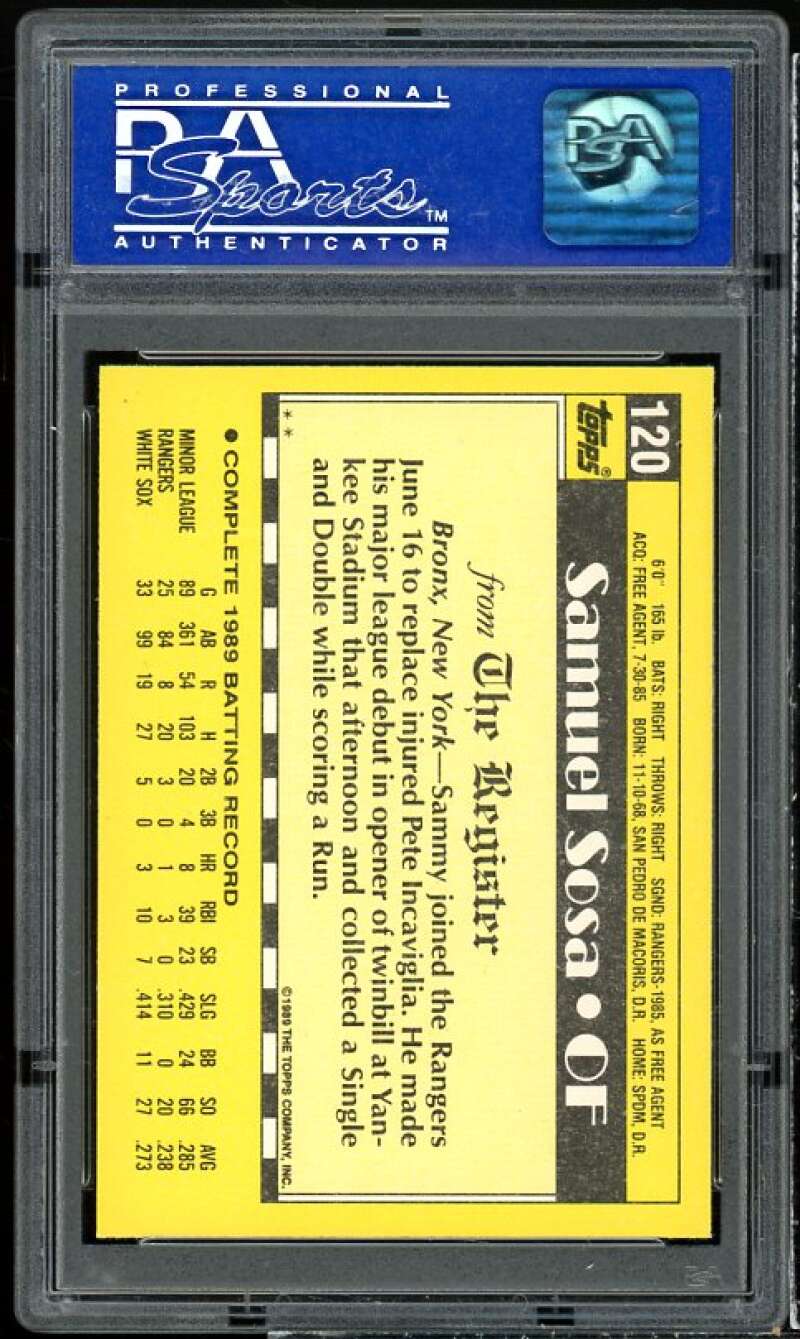 Sammy Sosa Rookie Card 1989 Topps M.L. Debut #120 PSA 8 Image 2