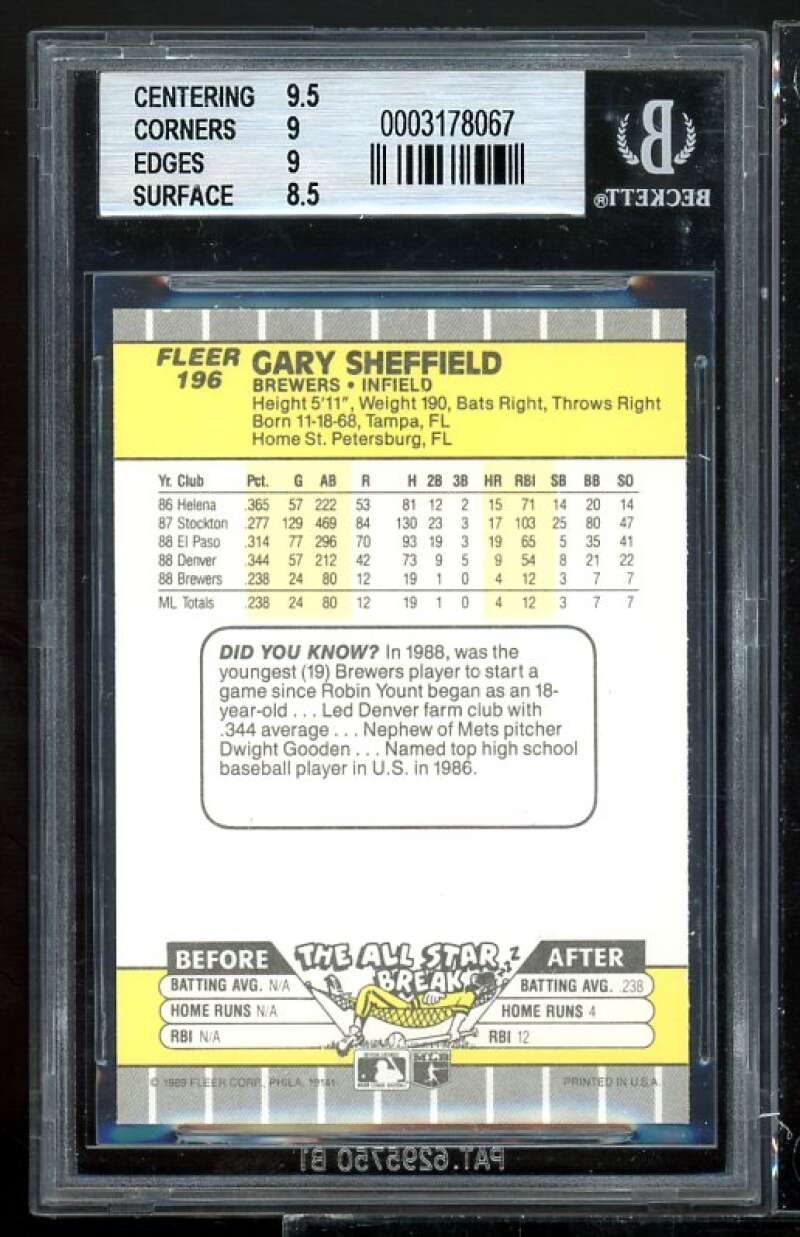 Gary Sheffield Rookie Card 1989 Fleer #196 BGS 9 (9.5 9 9 8.5) Image 2