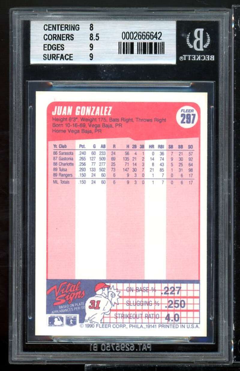 Juan Gonzalez Rookie Card 1990 Fleer #297 BGS 8.5 (8 8.5 9 9) Image 2