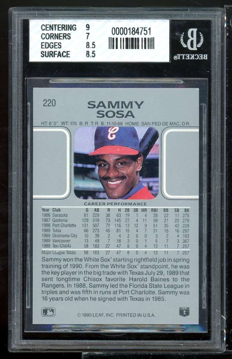 Sammy Sosa Rookie Card 1990 Leaf #220 BGS 7.5 (9 7 8.5 8.5) Image 2