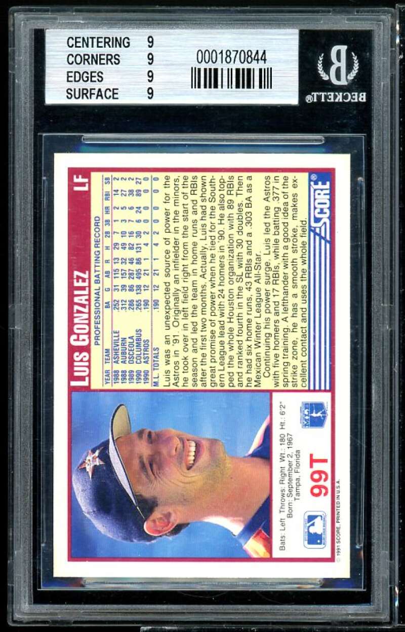 Luis Gonzalez Rookie Card 1991 Score Rookie/Traded #99t BGS 9 (9 9 9 9) Image 2