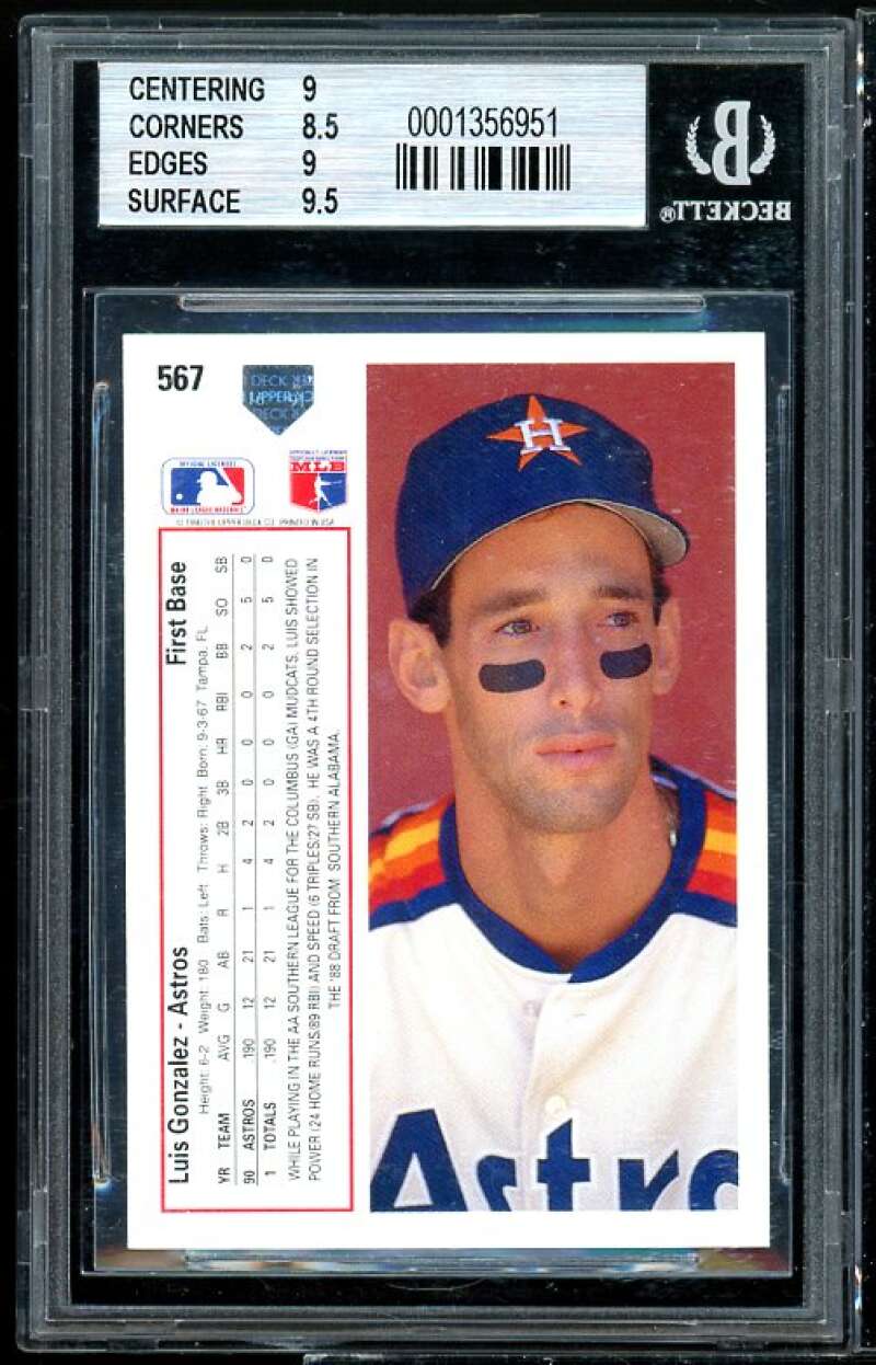 Luis Gonzalez Rookie Card 1991 Upper Deck #567 BGS 9 (9 8.5 9 9.5) Image 2