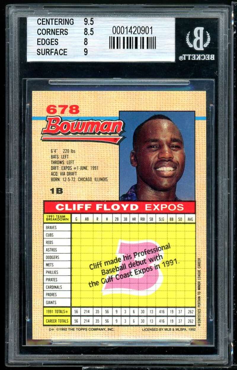 Cliff Floyd Rookie Card 1992 Bowman #678 BGS 8.5 (9.5 8.5 8 9) Image 2