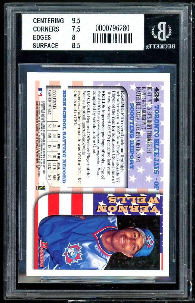 Vernon Wells Rookie Card 1997 Bowman International #424 BGS 8 (9.5 7.5 8 8.5) Image 2