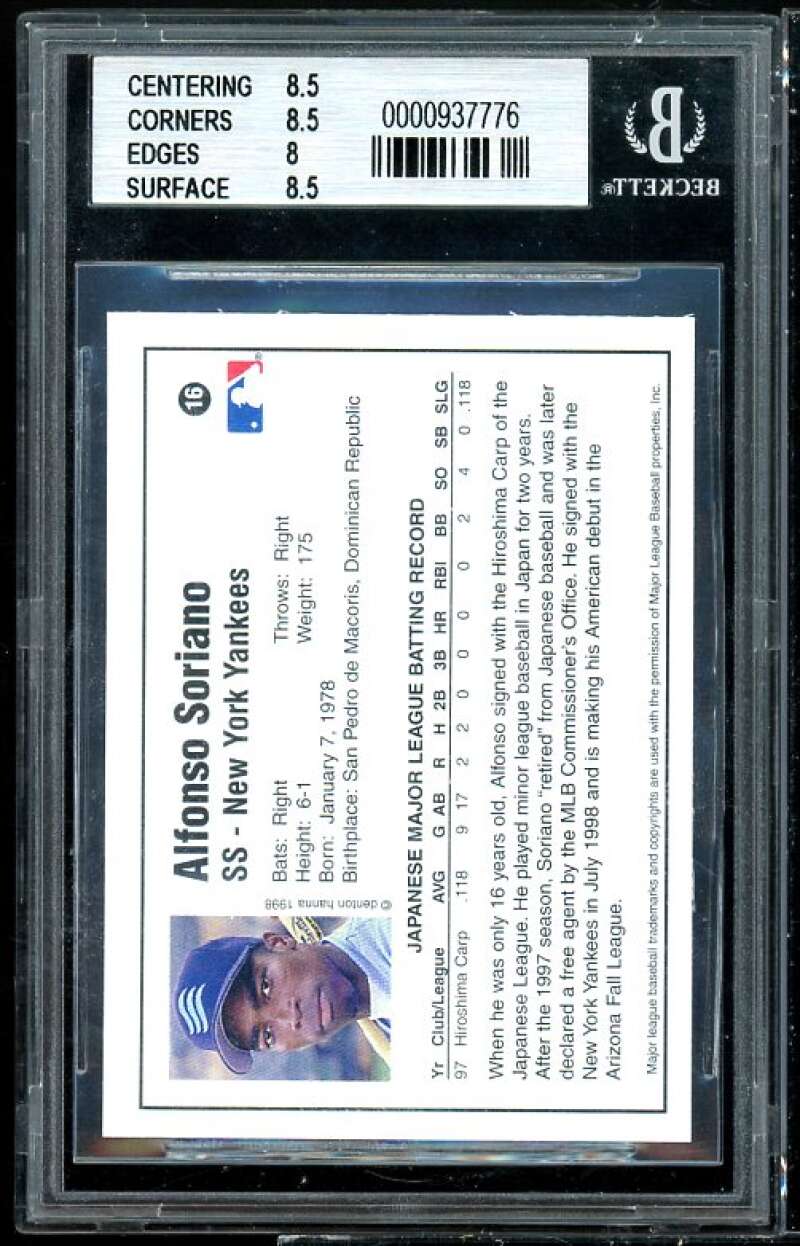 Alfonso Soriano Rookie Card 1998 Arizona Fall League Prospects #16 BGS 8.5 Image 2