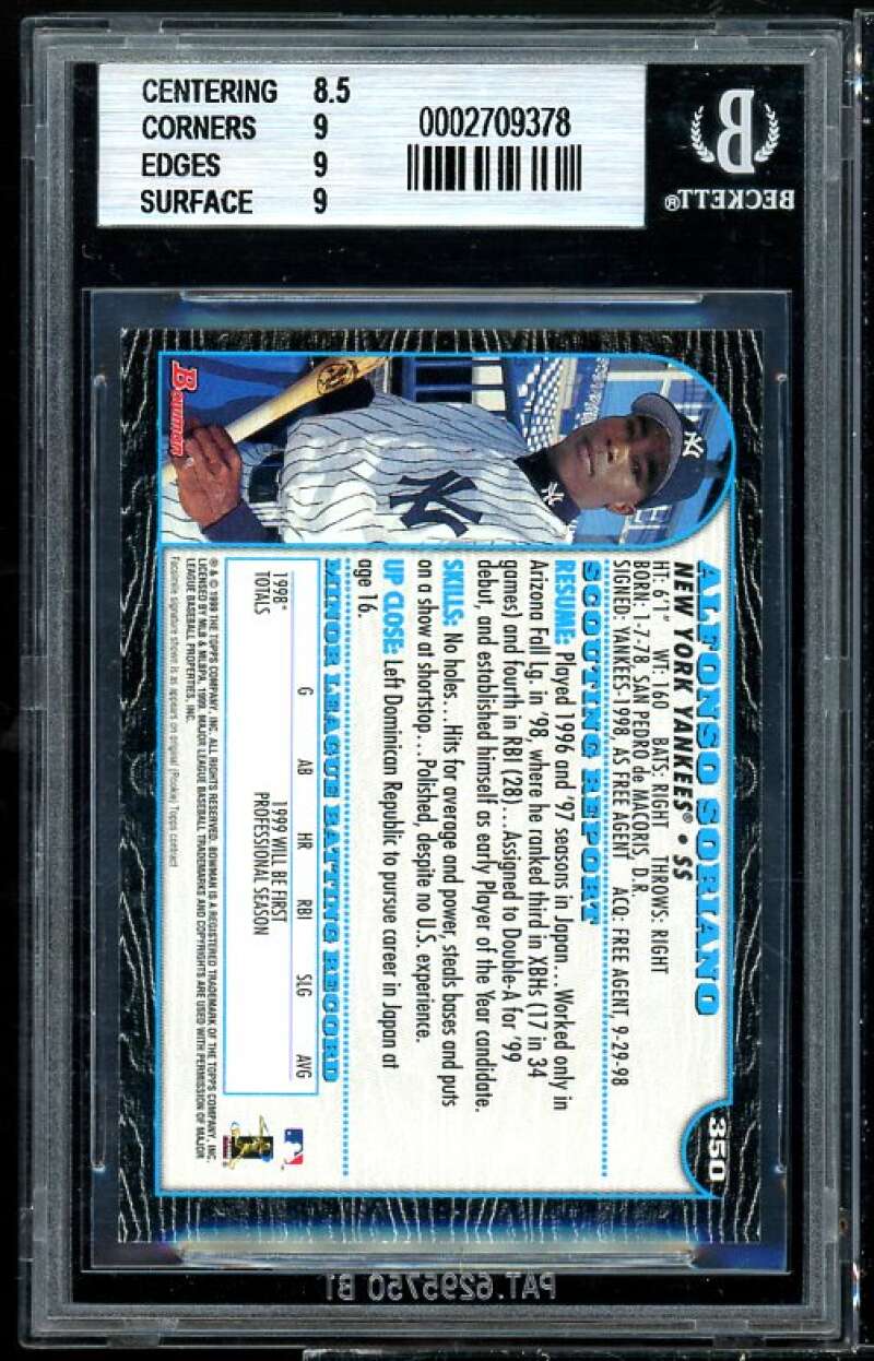 Alfonso Soriano Rookie Card 1999 Bowman #350 BGS 9 (8.5 9 9 9) Image 2