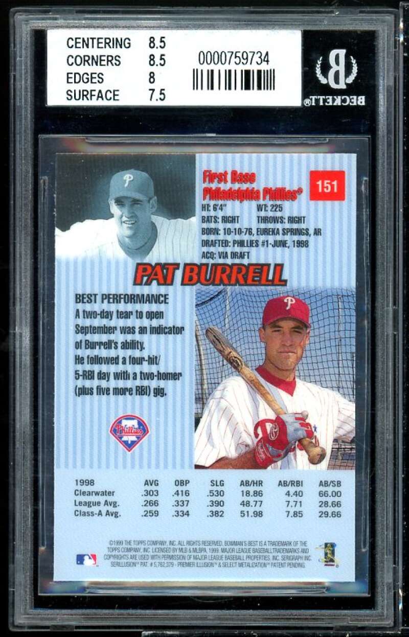 Pat Burrell Rookie Card 1999 Bowman's Best #151 BGS 8 (8.5 8.5 8 7.5) Image 2