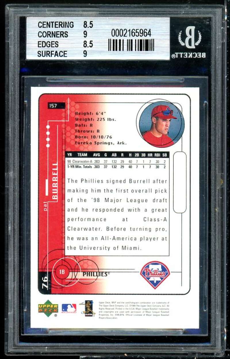 Pat Burrell Rookie Card 1999 Upper Deck MVP #157 BGS 8.5 (8.5 9 8.5 9) Image 2