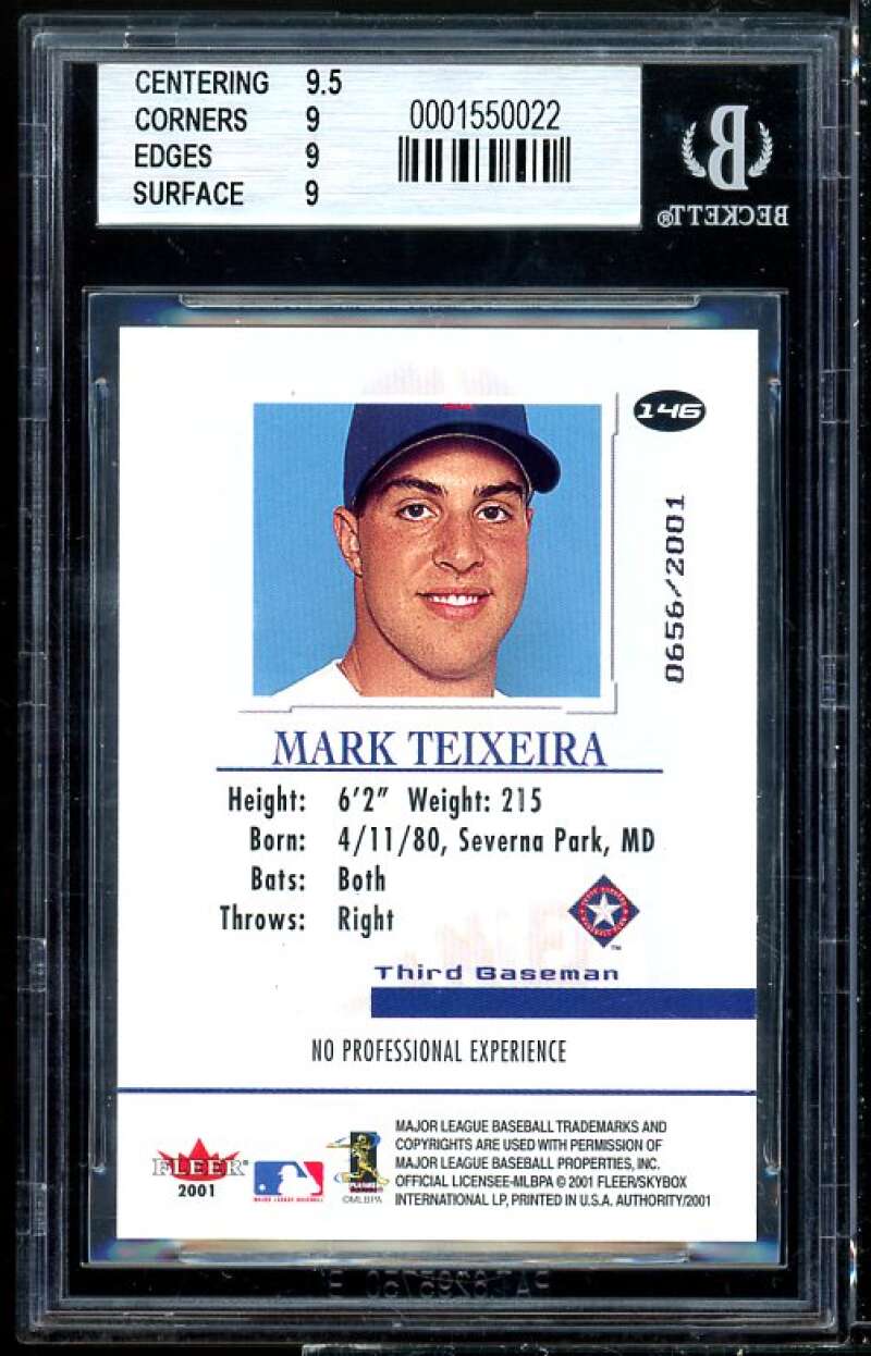 Mark Teixeira Rookie Card 2001 Fleer Authority #146 BGS 9 (9.5 9 9 9) Image 2