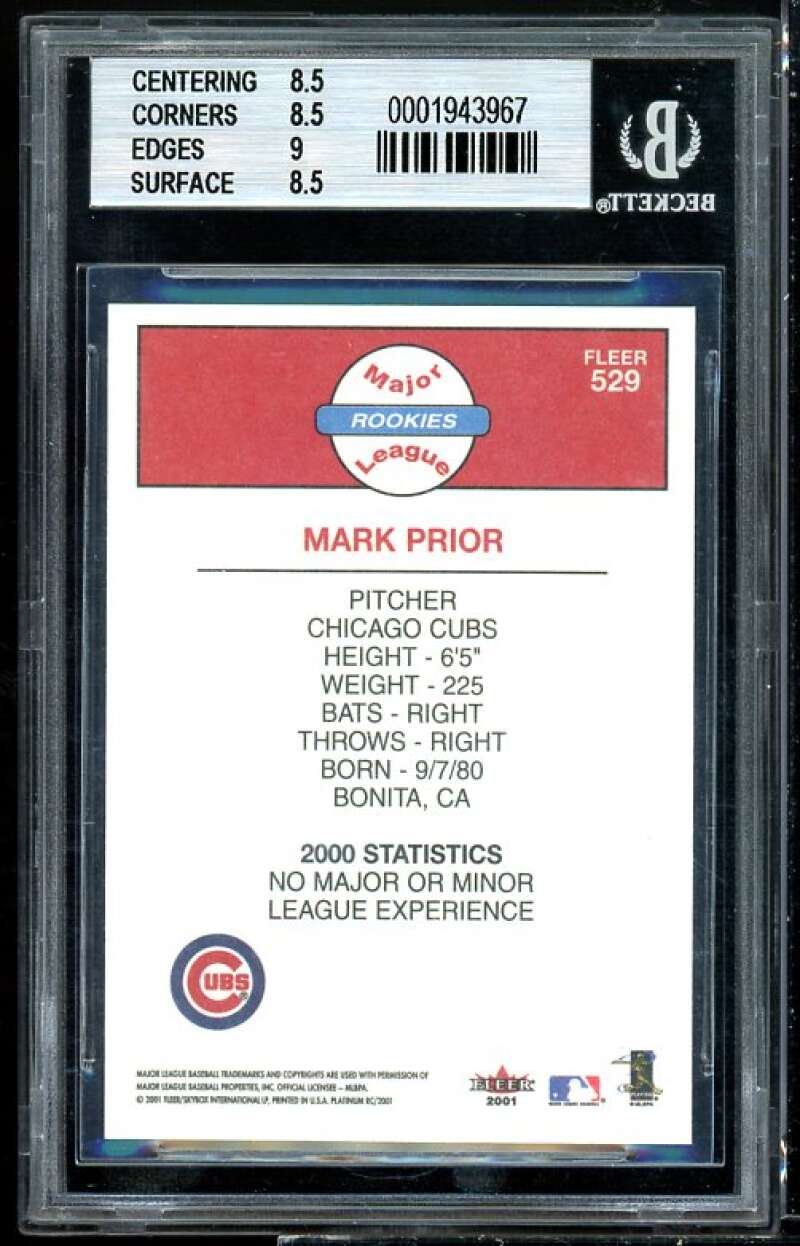 Mark Prior Rookie Card 2001 Fleer Platinum #529 BGS 8.5 (8.5 8.5 9 8.5) Image 2