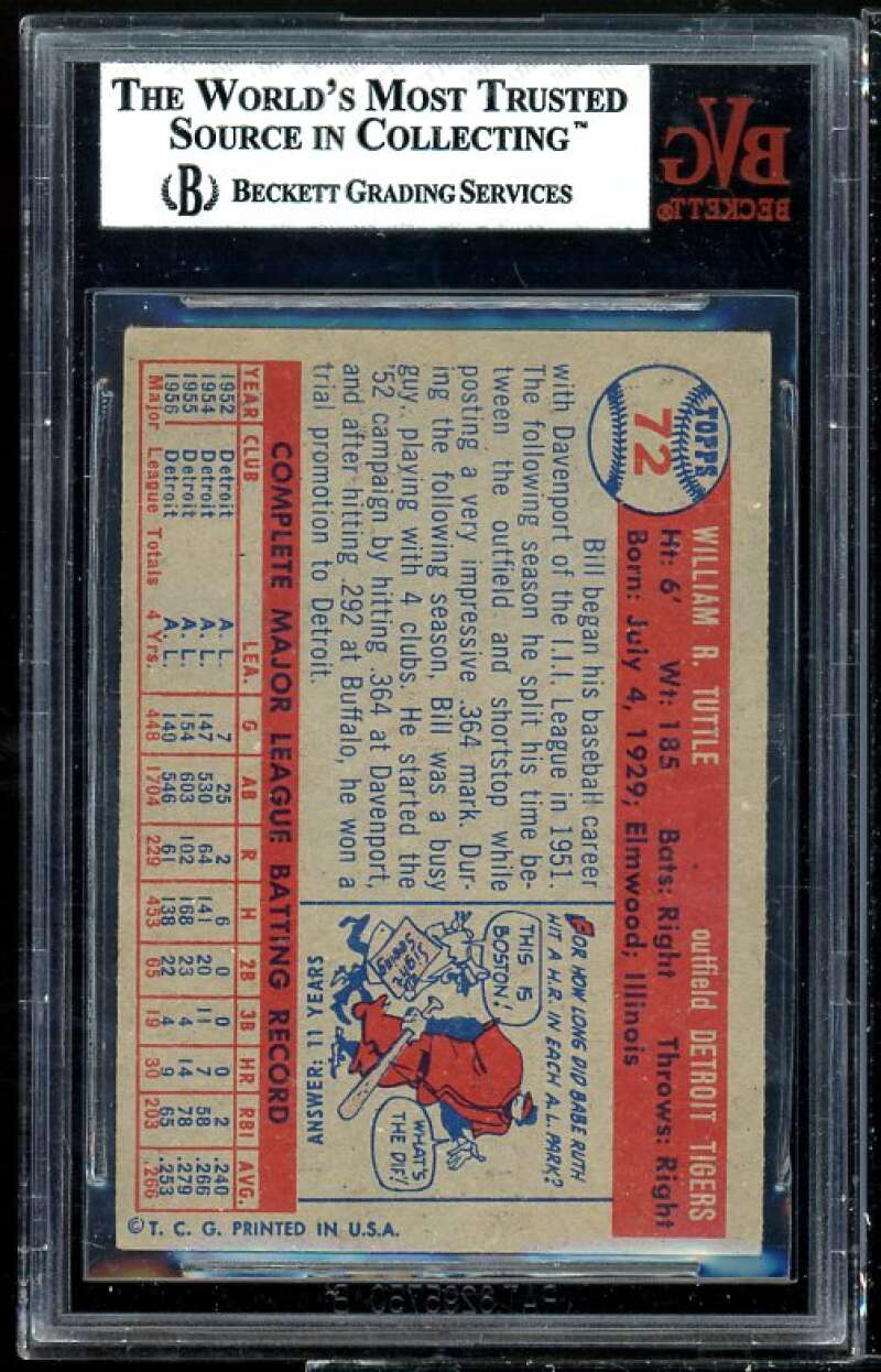 Bill Tuttle Card 1957 Topps #72 BVG BGS 5.5 Image 2