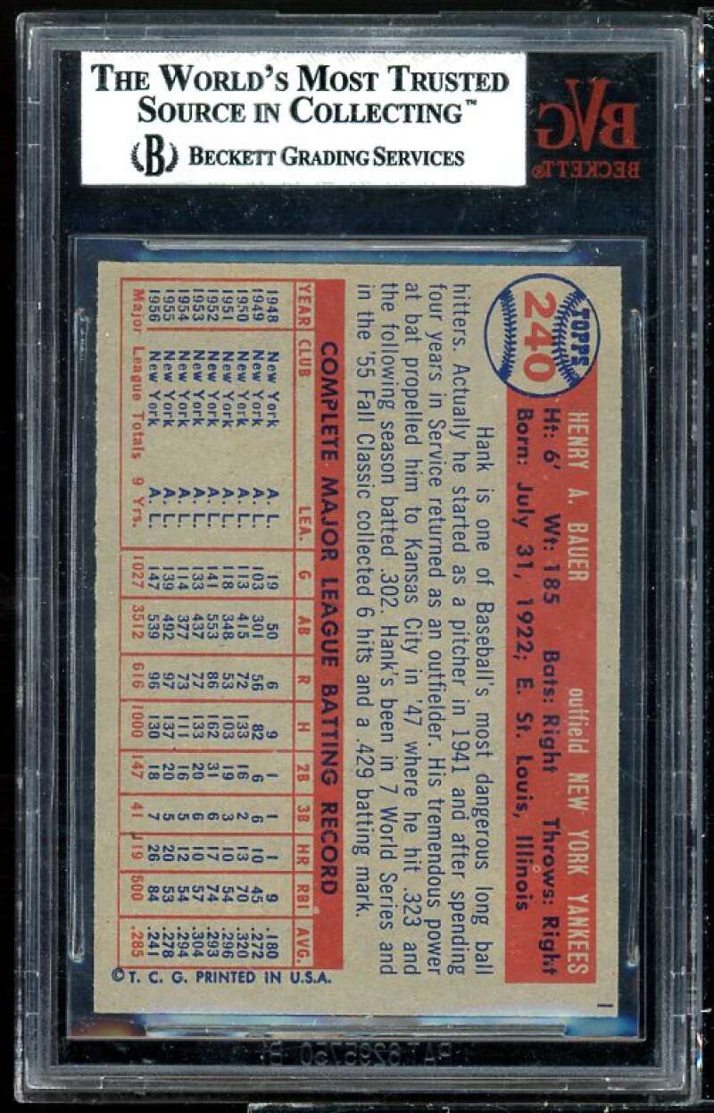 Hank Bauer Card 1957 Topps #240 BVG BGS 6 (small crack on graded holder) Image 2