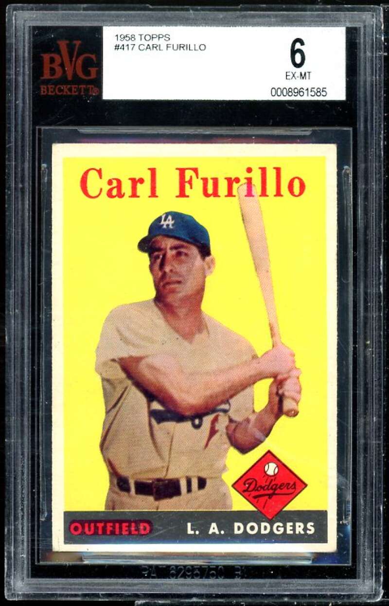 Carl Furillo Card 1958 Topps #417 BVG BGS 6 (small crack on graded holder) Image 1