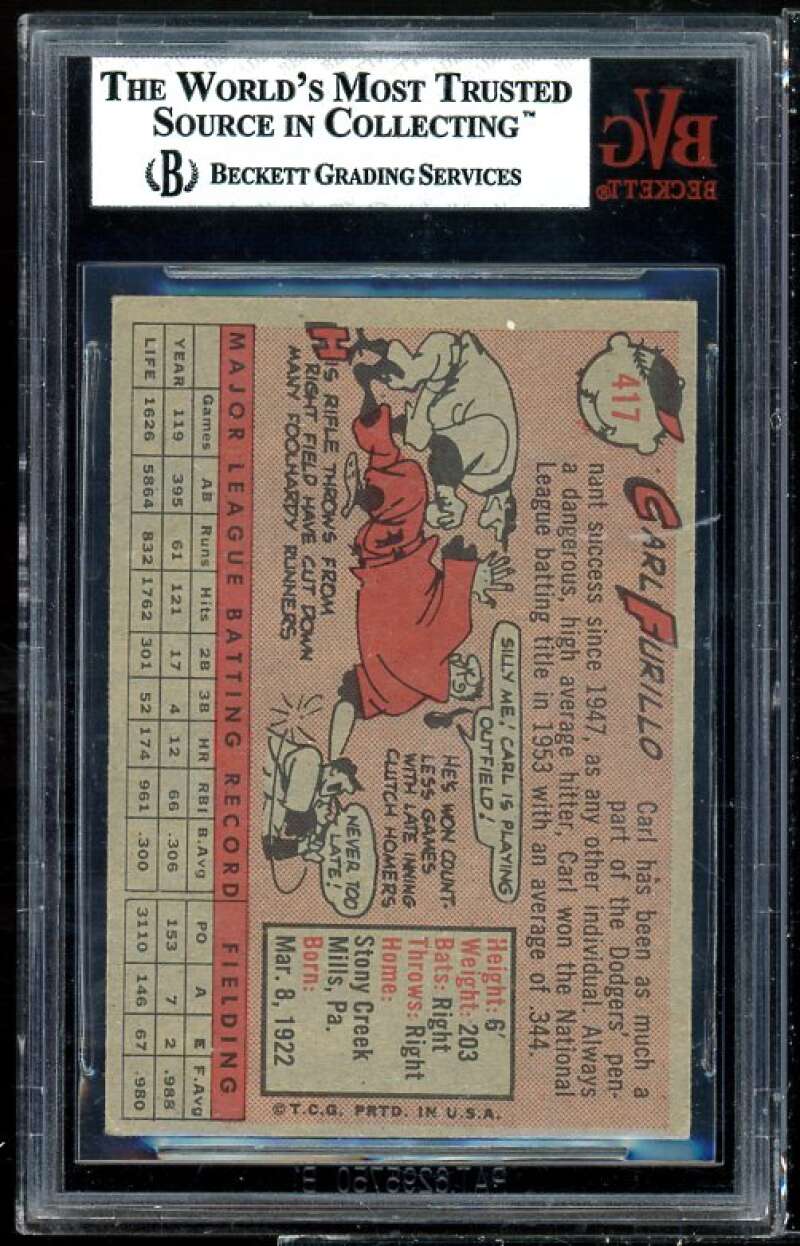 Carl Furillo Card 1958 Topps #417 BVG BGS 6 (small crack on graded holder) Image 2