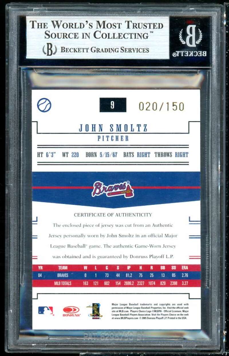 John Smoltz 2005 Donruss Prime Patches Materials Jersey #9 BGS 9 (8.5 9 9.5 9) Image 2