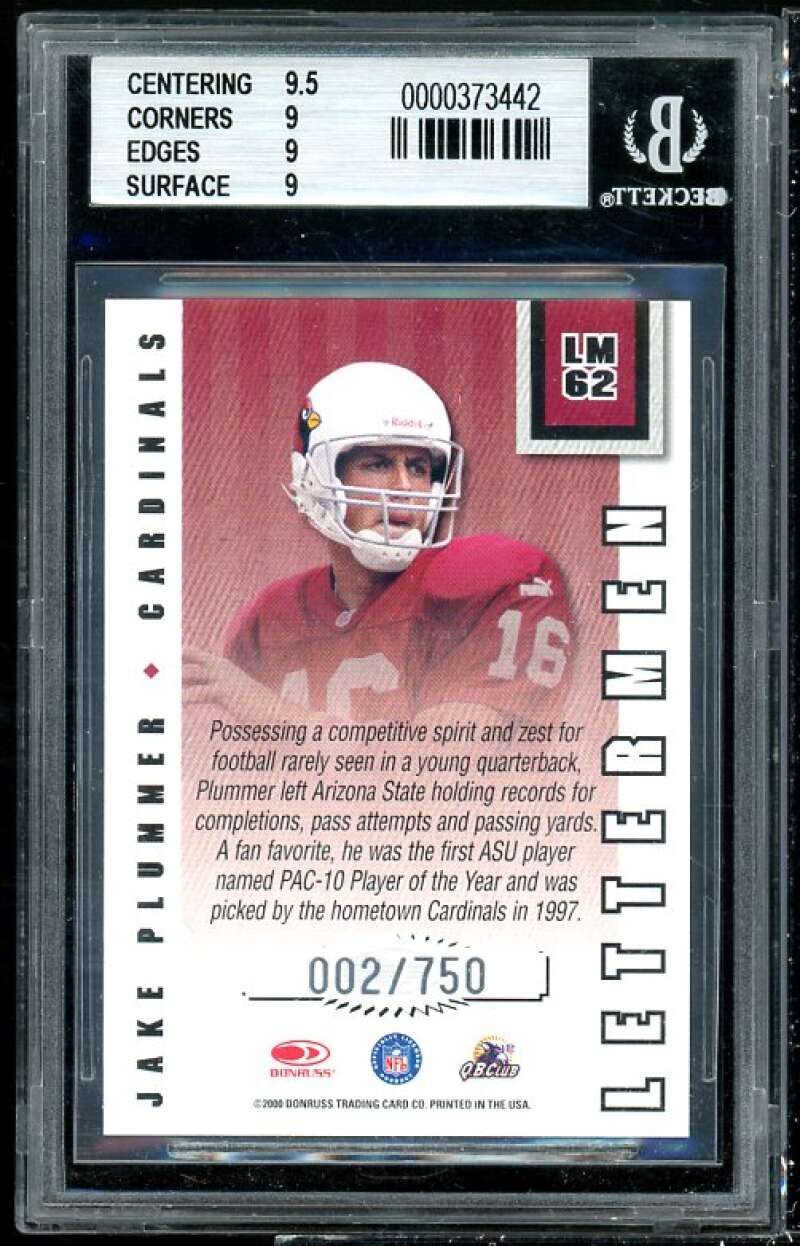 Jake Plummer Card 2000 Donruss Pref Letterman Graded Series #62 BGS 9 Image 2