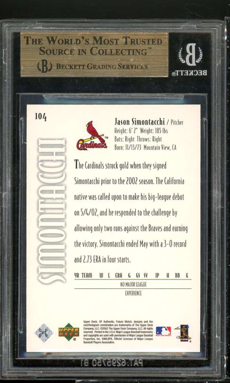 Jason Simontacchi Rookie Card 2002 SP Authentic #104 BGS 9.5 (10 9 9.5 9.5) Image 2