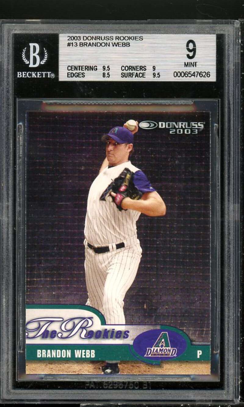 Brandon Webb Rookie Card 2003 Donruss Rookies #13 BGS 9 (9.5 9 8.5 9.5) Image 1