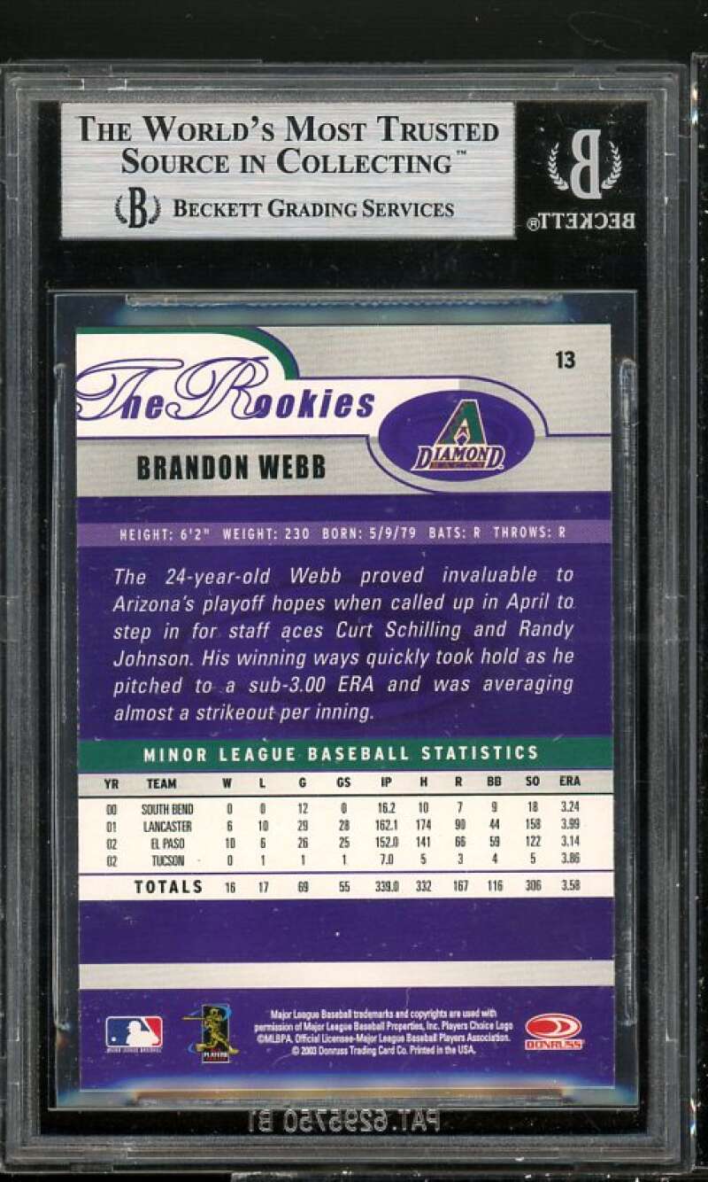 Brandon Webb Rookie Card 2003 Donruss Rookies #13 BGS 9 (9.5 9 8.5 9.5) Image 2