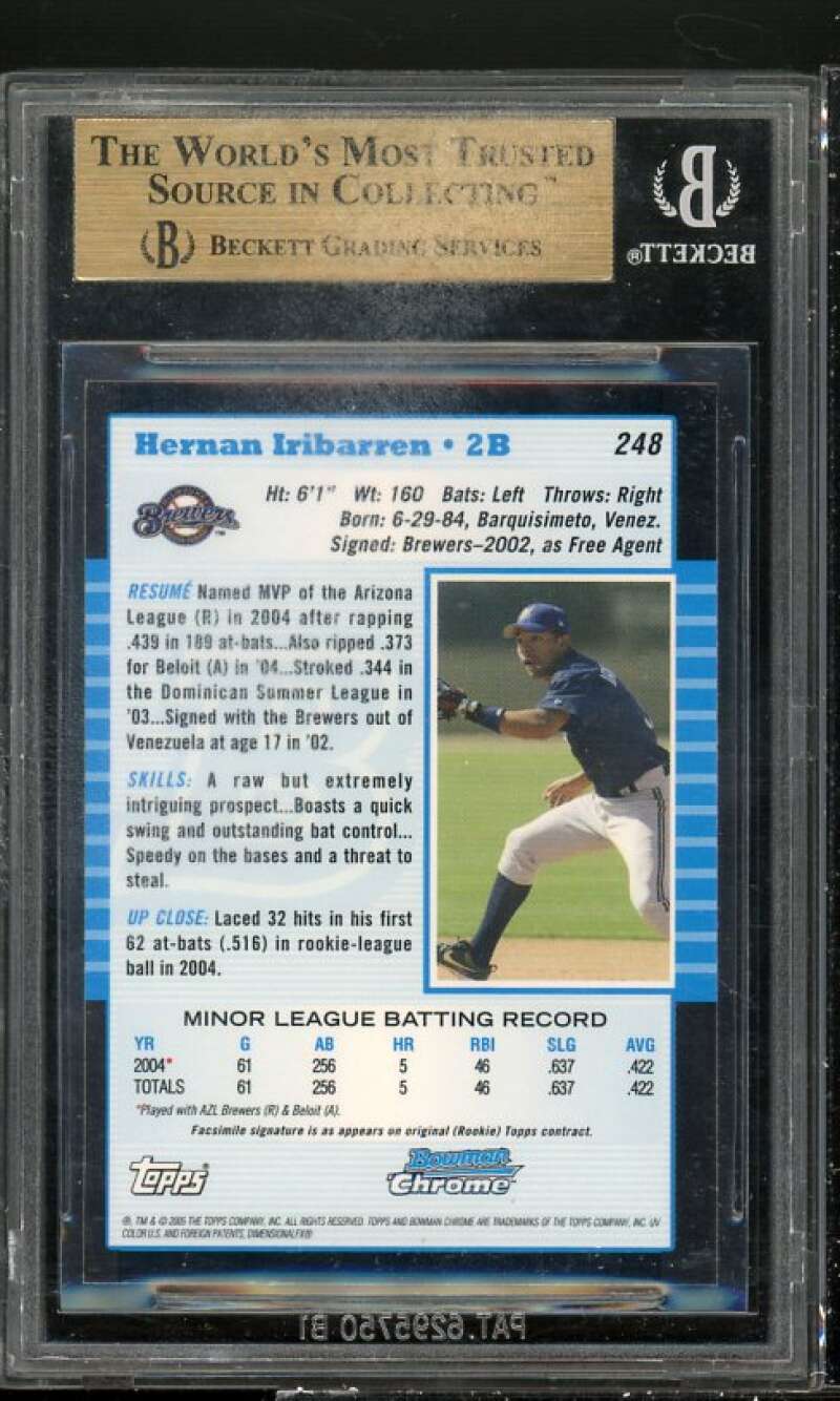 Hernan Iribarren Rookie Card 2005 Bowman Chrome #248 BGS 9.5 (9 9.5 9.5 9.5) Image 2