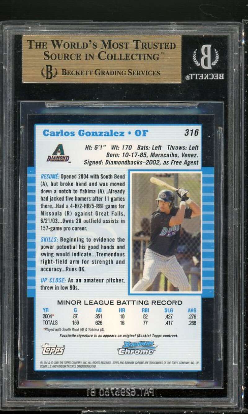 Carlos Gonzalez Rookie 2005 Bowman Chrome #316 BGS 9.5 (small crack on holder) Image 2