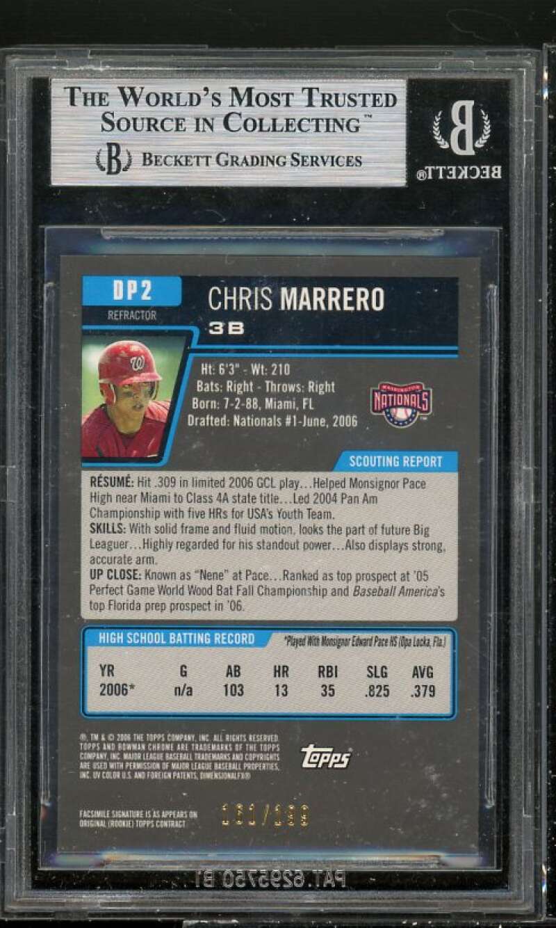 Chris Marrero Rookie Card 2006 Bowman Draft Chrome Blue Refractors #DP2 BGS 9 Image 2