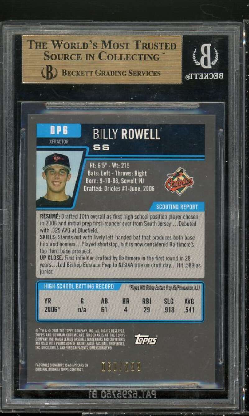 Billy Rowell Rookie Card 2006 Bowman Chrome Draft Picks n Prospects #DP6 BGS 9.5 Image 2