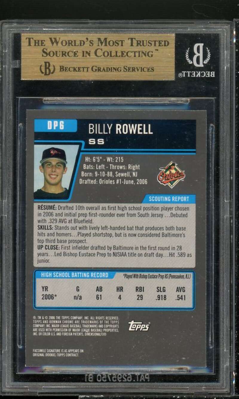 Billy Rowell Rookie 2006 Bowman Draft Picks Chrome #DP6 BGS 9.5 (9.5 9 9.5 9.5) Image 2