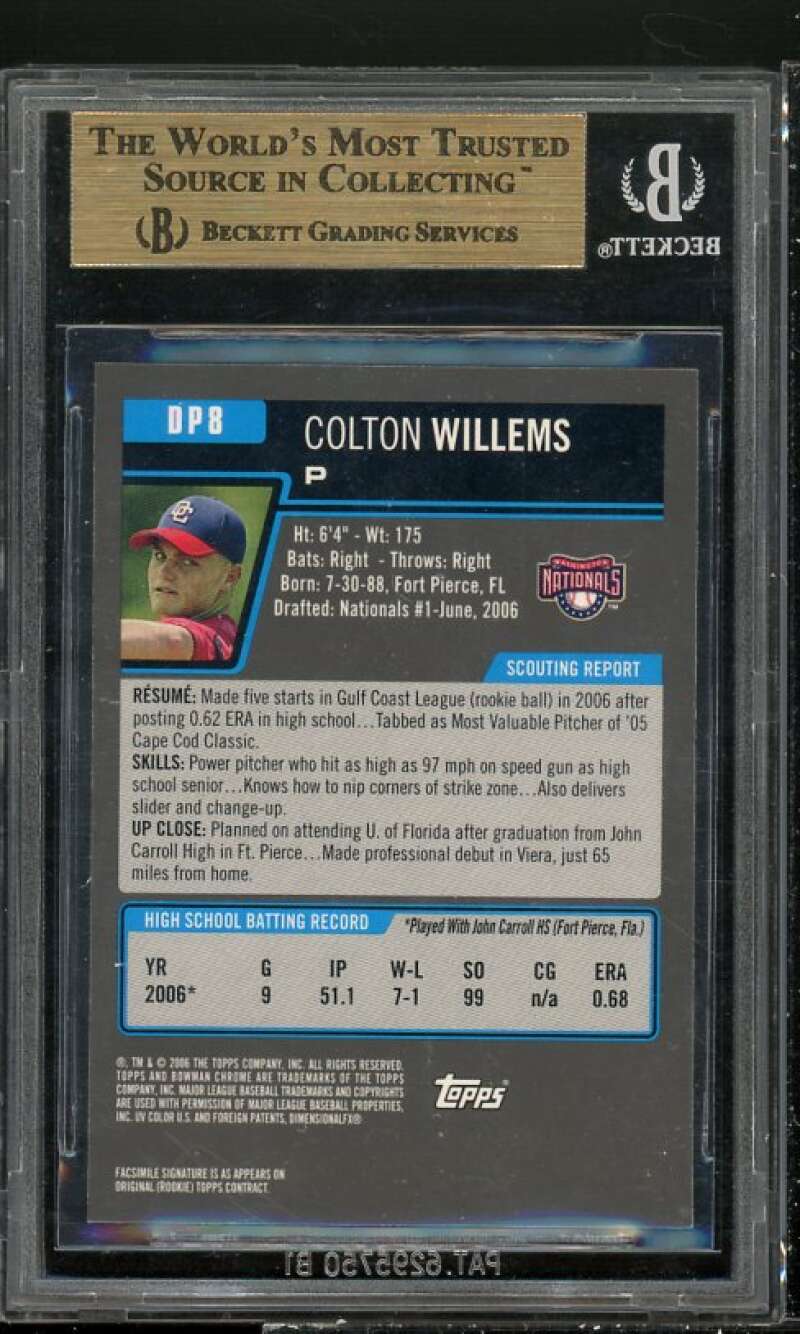 Colton Willems Rookie Card 2006 Bowman Draft Picks Chrome #DP8 BGS 9.5 Image 2