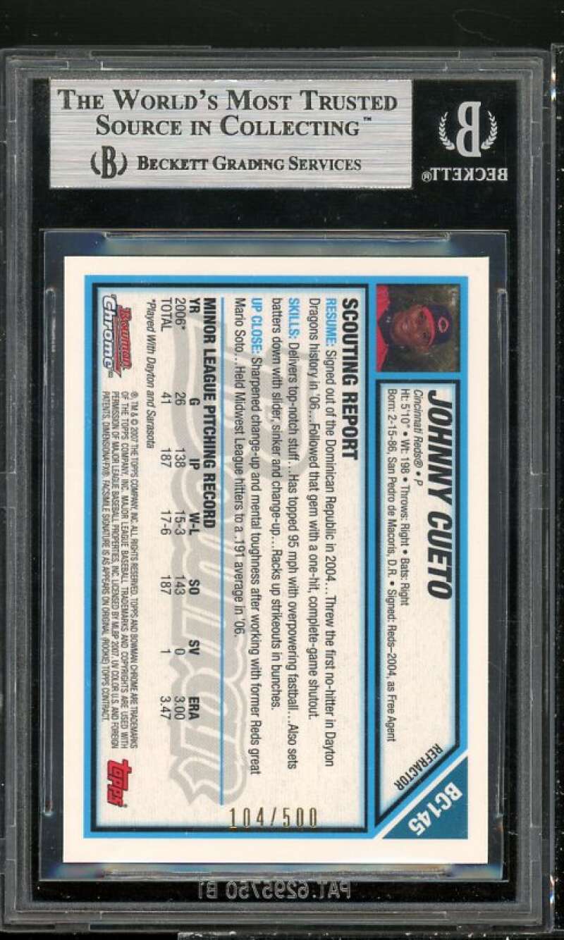 Johnny Cueto Rookie Card 2007 Bowman Chrome Prospects Refractors #BC145 BGS 9 Image 2