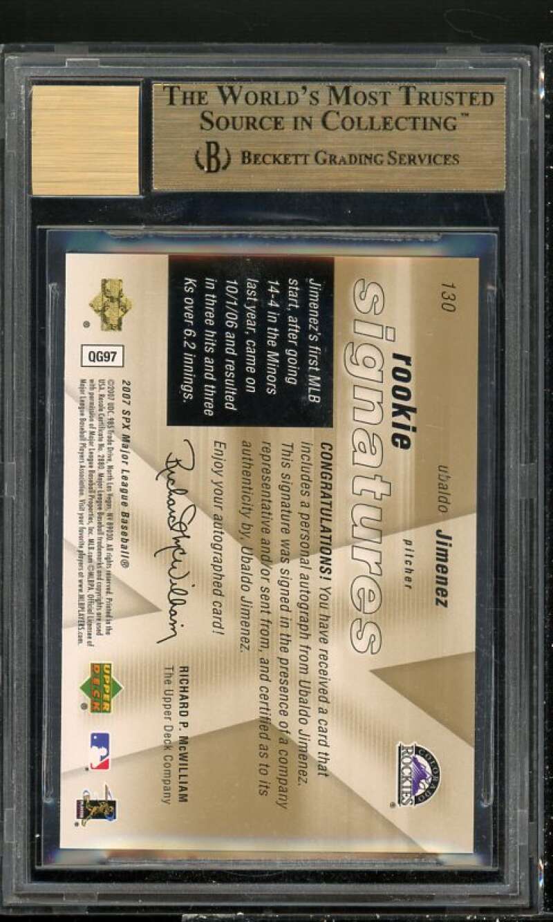 Ubaldo Jimenez Rookie Card 2007 SPX Autograph #130 BGS 9.5 (9.5 9 9.5 9.5) Image 2