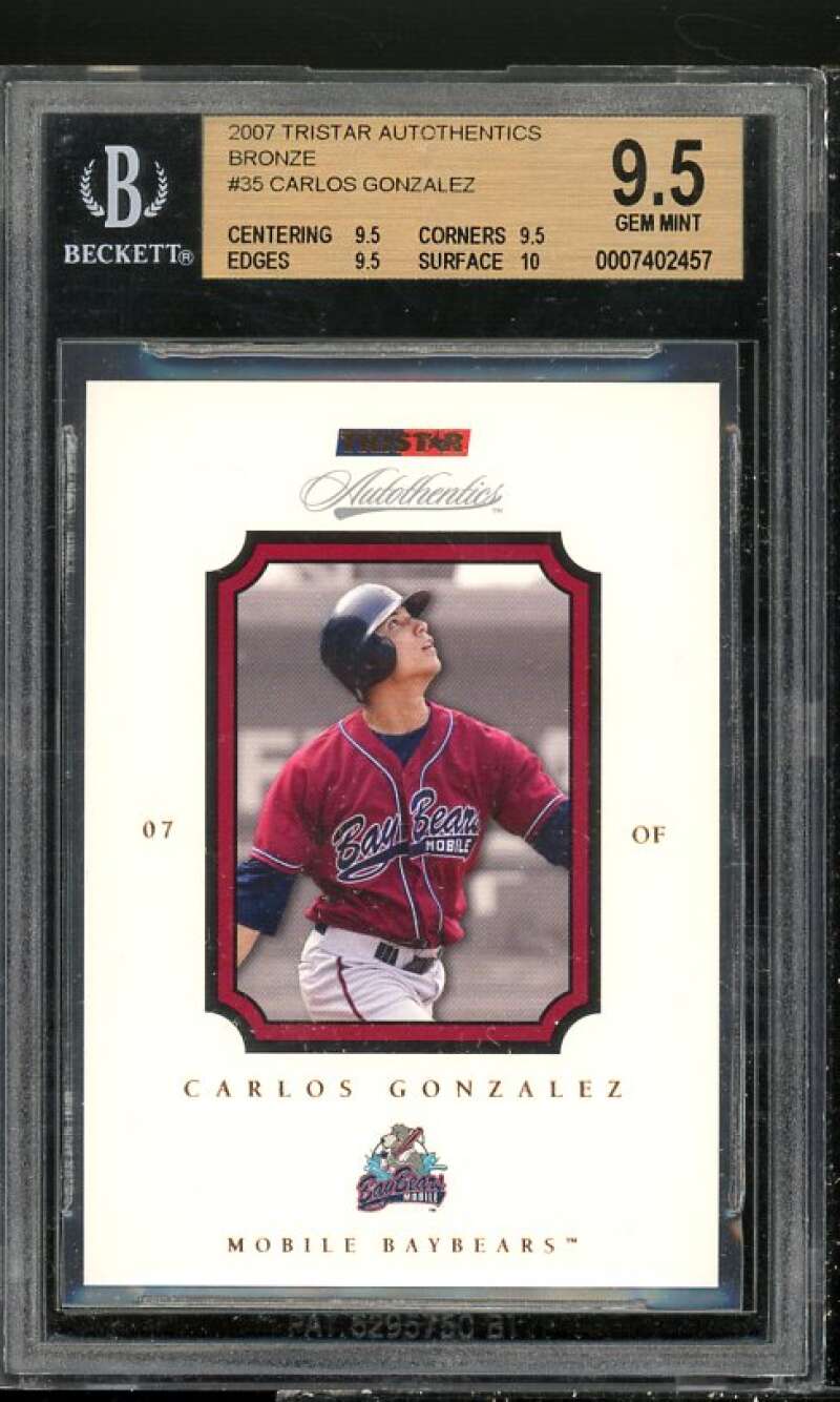 Carlos Gonzalez Rookie Card 2007 TriStar Autothentics Bronze #35 BGS 9.5 Image 1