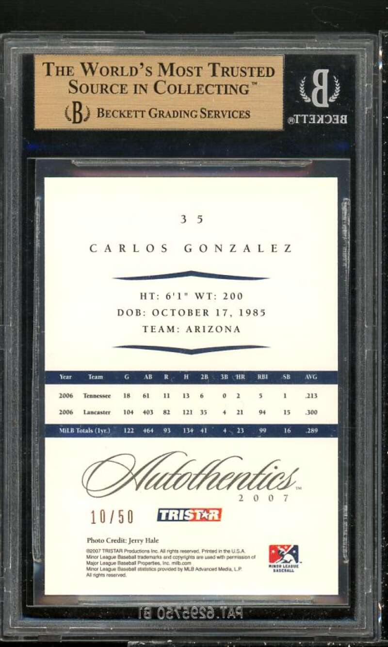 Carlos Gonzalez Rookie Card 2007 TriStar Autothentics Bronze #35 BGS 9.5 Image 2